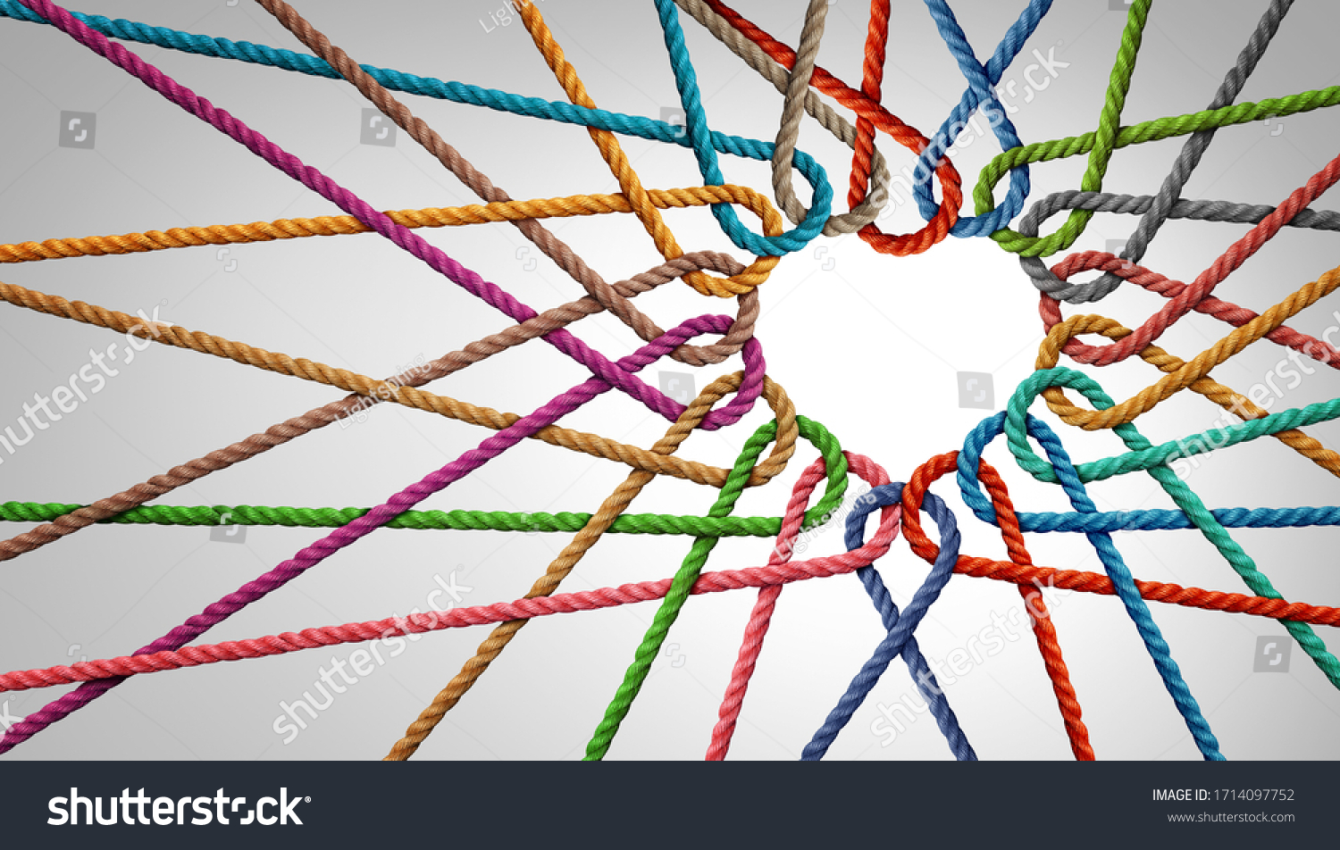 Unity and love partnership as ropes shaped as a heart in a group of diverse strings connected together shaped as a support symbol expressing the feeling of teamwork and togetherness. #1714097752