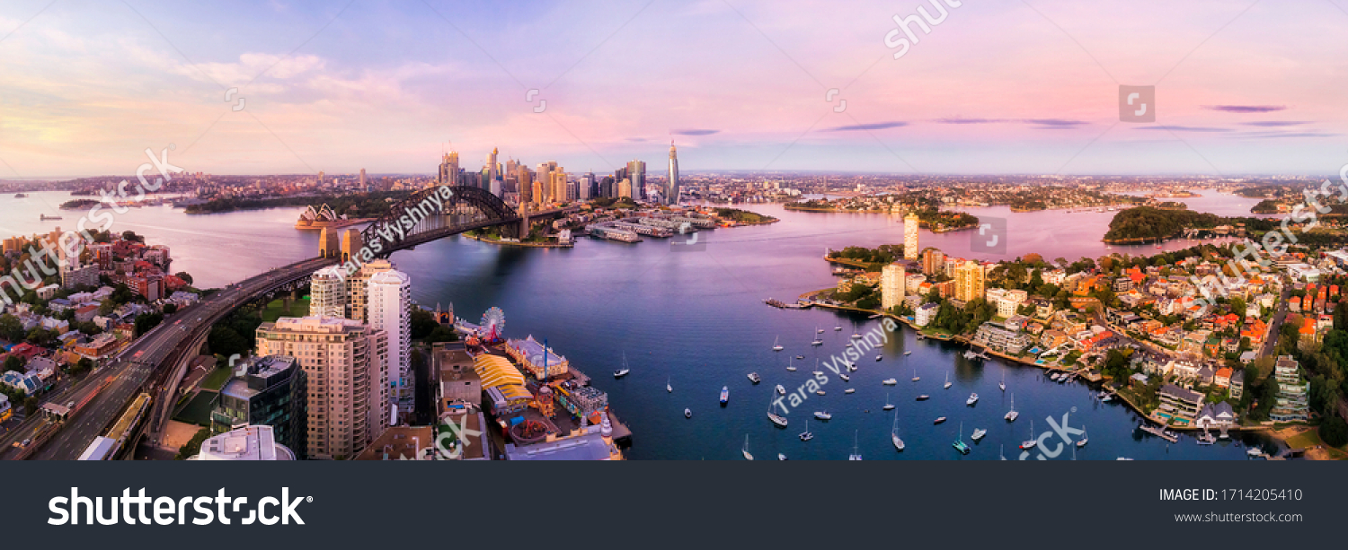 Sydney harbour and major city landmakrs around Lavender bay in aerial panorama at sunrise. #1714205410