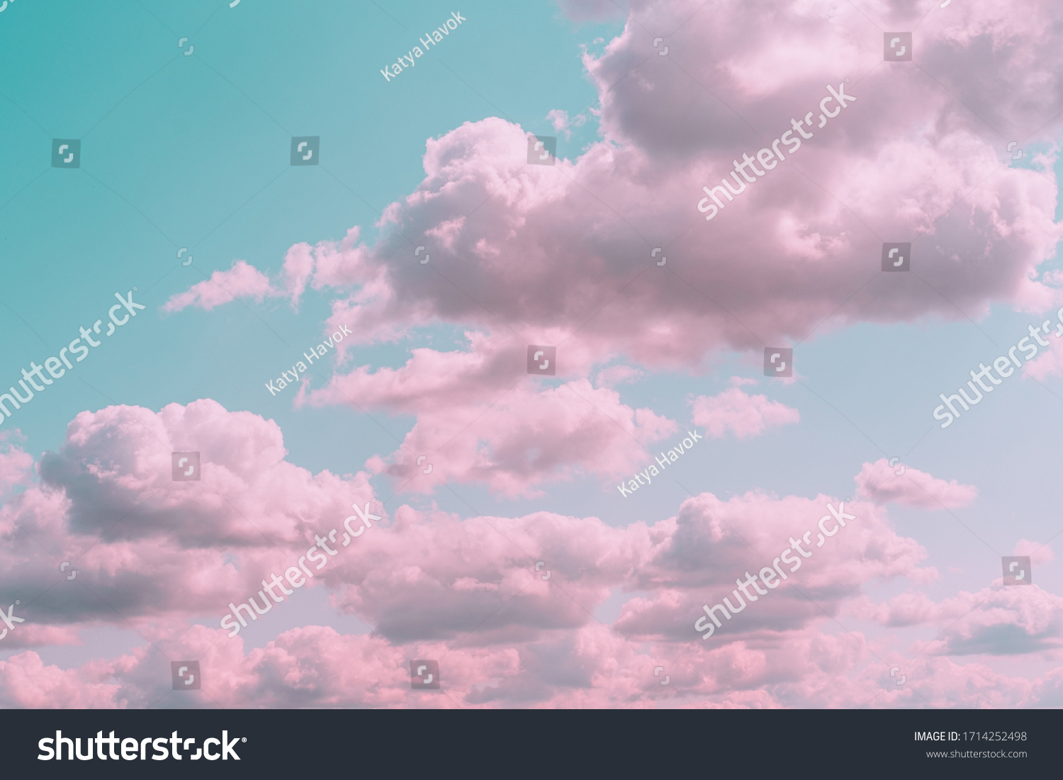 Aesthetic background with beautiful turquoise sky with pink clouds and circle light frame. Minimal creative concept of angel paradise #1714252498