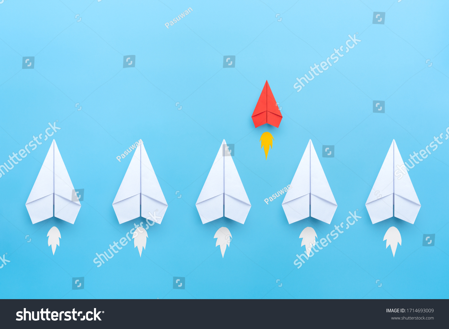 Small business concept with small red paper plane on blue background #1714693009