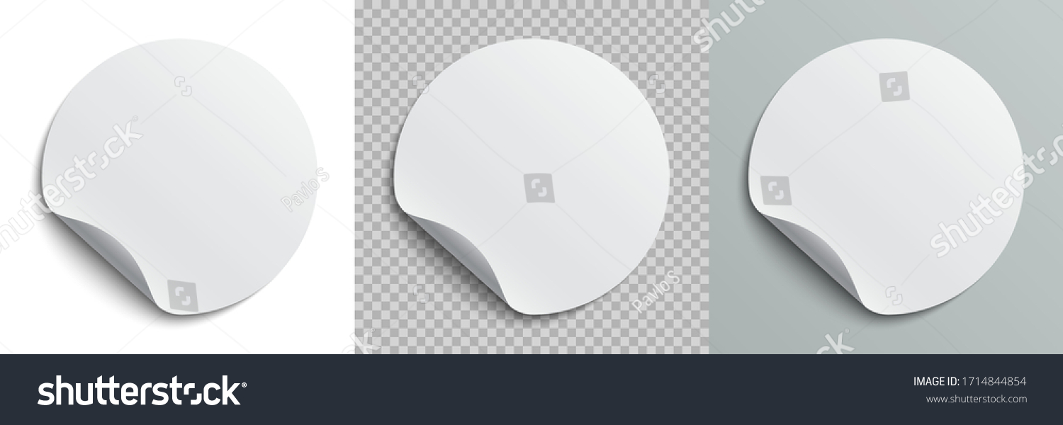 Set circle adhesive symbols. White tags, paper round stickers with peeling corner and shadow, isolated rounded plastic mockup,  realistic set round paper adhesive sticker mockup with curved corner #1714844854