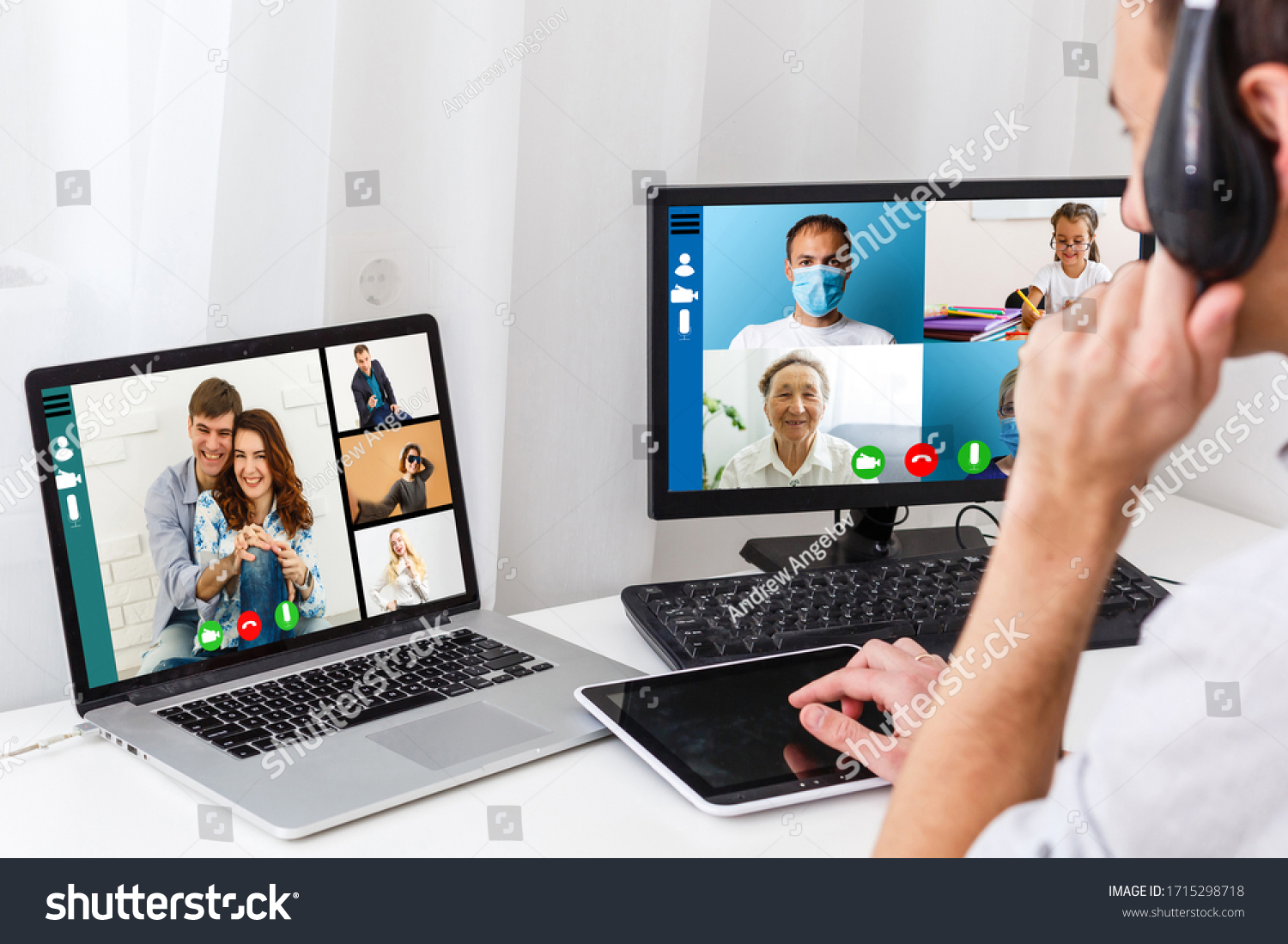 Many portraits faces of diverse young and aged people webcam view, while engaged in videoconference on-line meeting. Group video call application easy usage concept #1715298718