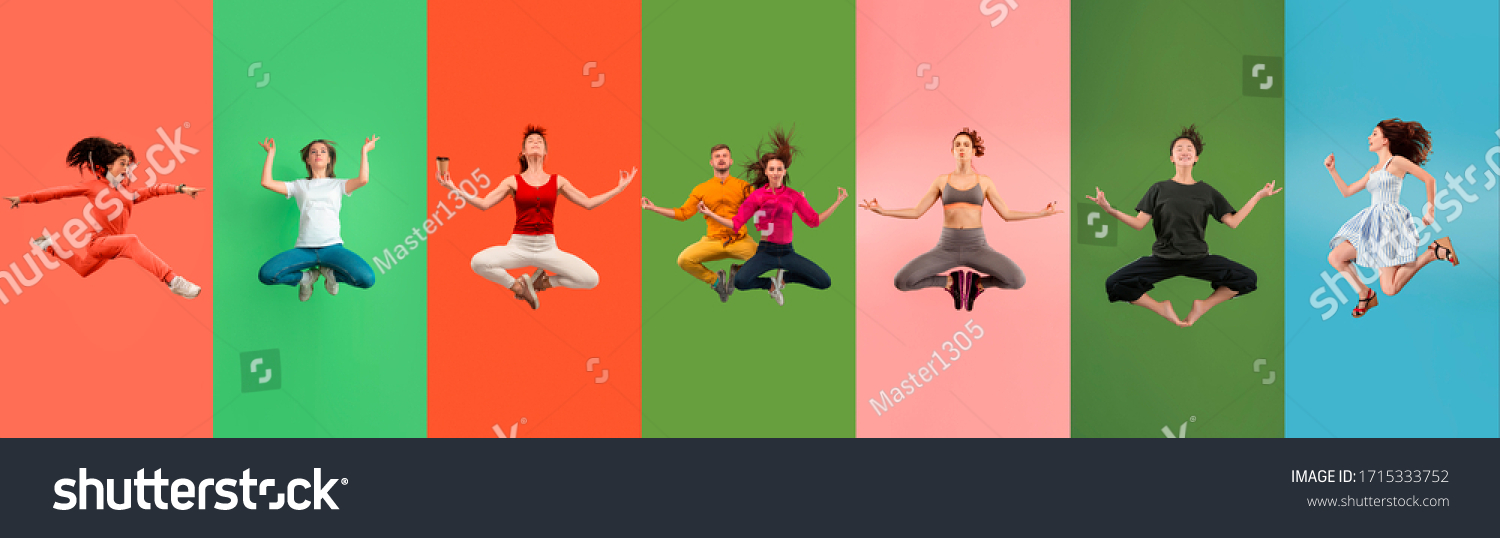 Young emotional people jumping high, look happy and calm, balanced on multicolored background. Celebrating, delighted women. Human emotions, facial expression concept. Trendy colors. Creative collage. #1715333752