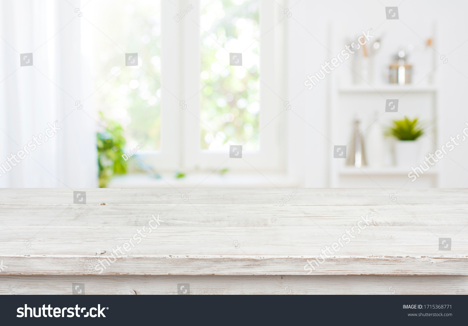 Free space table top background on blurred kitchen window interior #1715368771