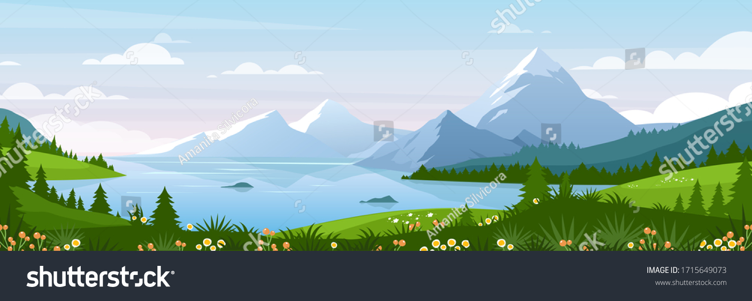 Mountain lake landscape vector illustration. Cartoon flat panorama of spring summer beautiful nature, green grasslands meadow with flowers, forest, scenic blue lake and mountains on horizon background #1715649073
