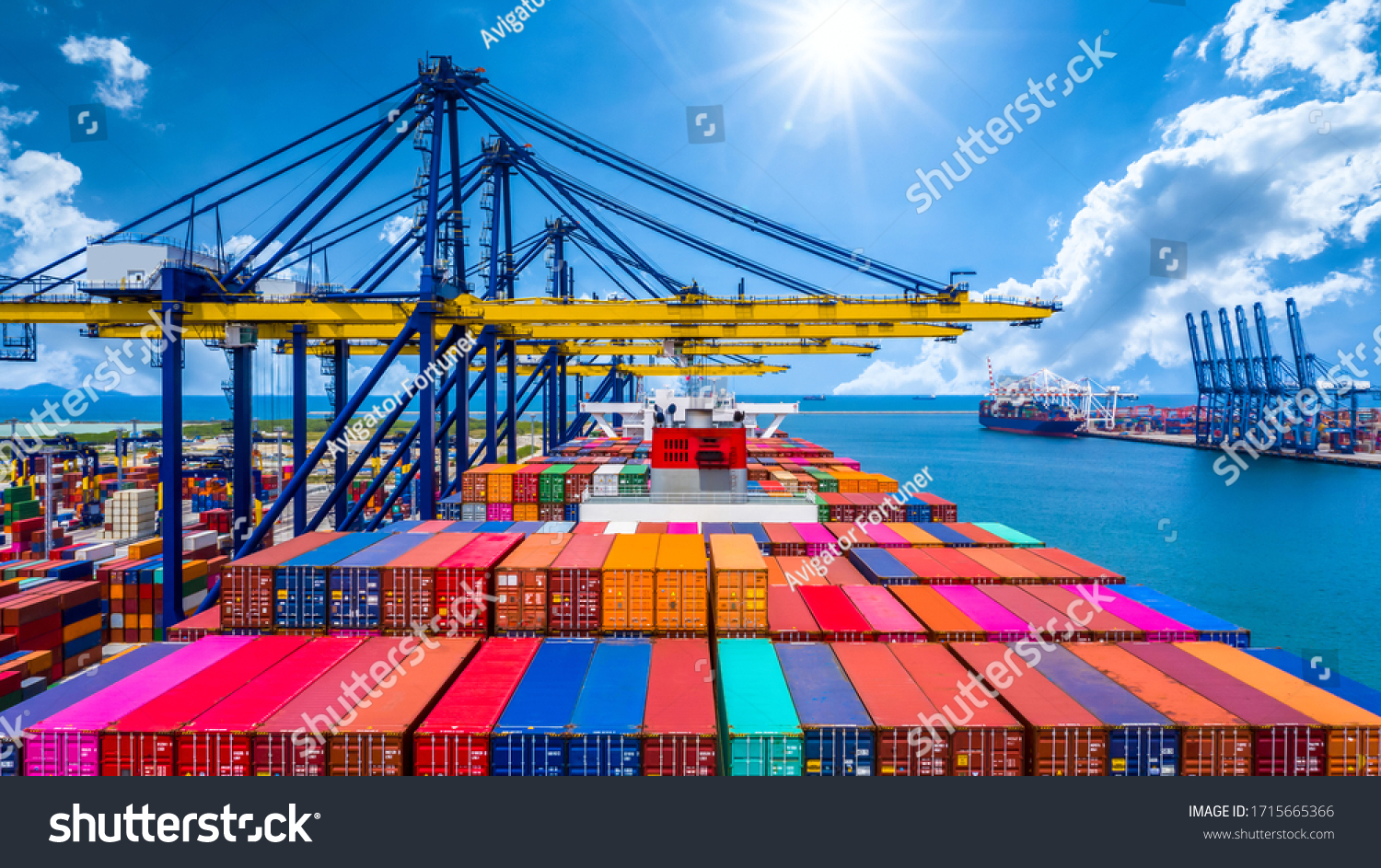 Container ship unloading in deep sea port, Global business logistic import export freight shipping transportation oversea worldwide by container ship open sea, Container vessel loading cargo freight. #1715665366