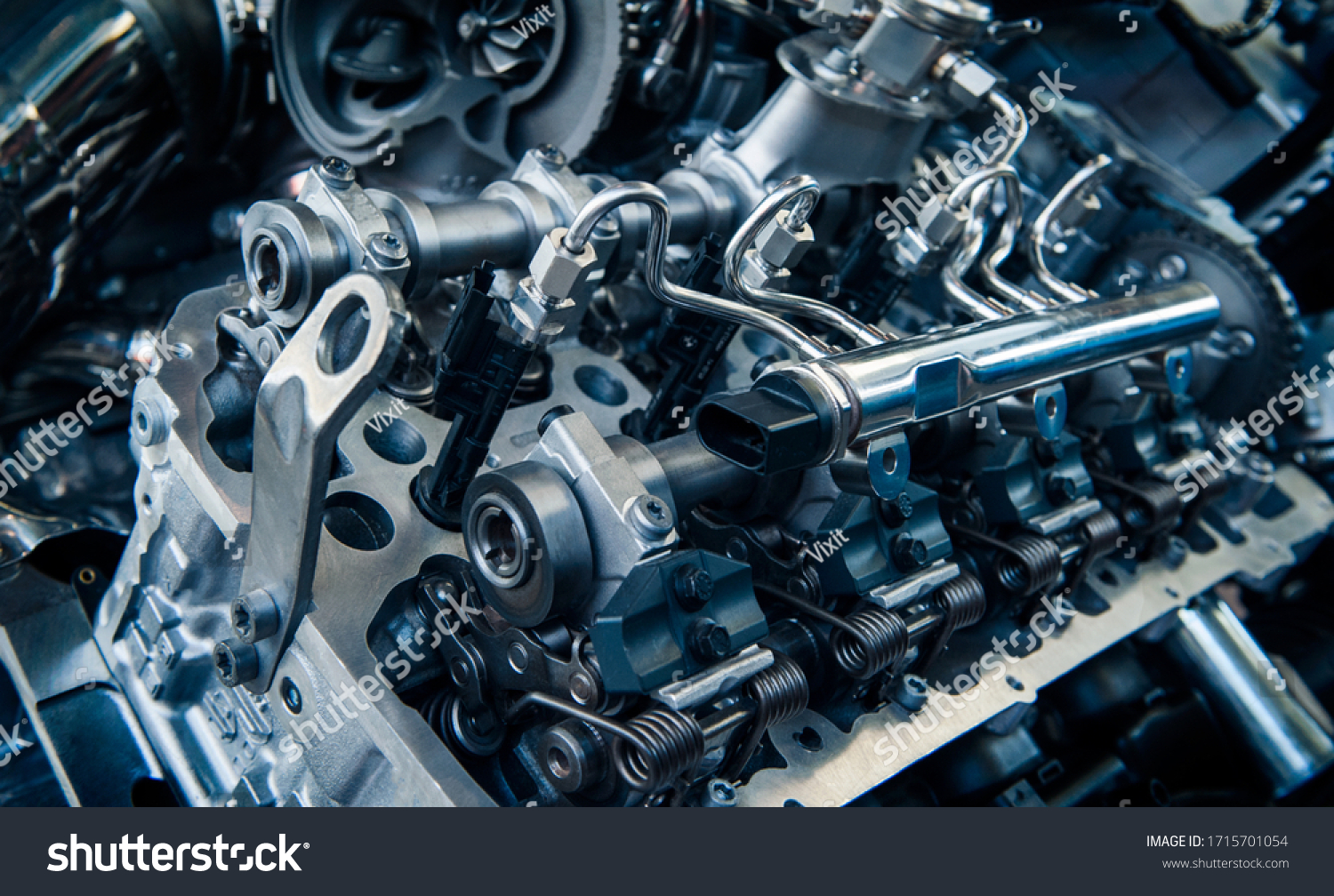 The powerful engine of a car. Internal design of engine. Car engine part. Modern powerful car engine. #1715701054
