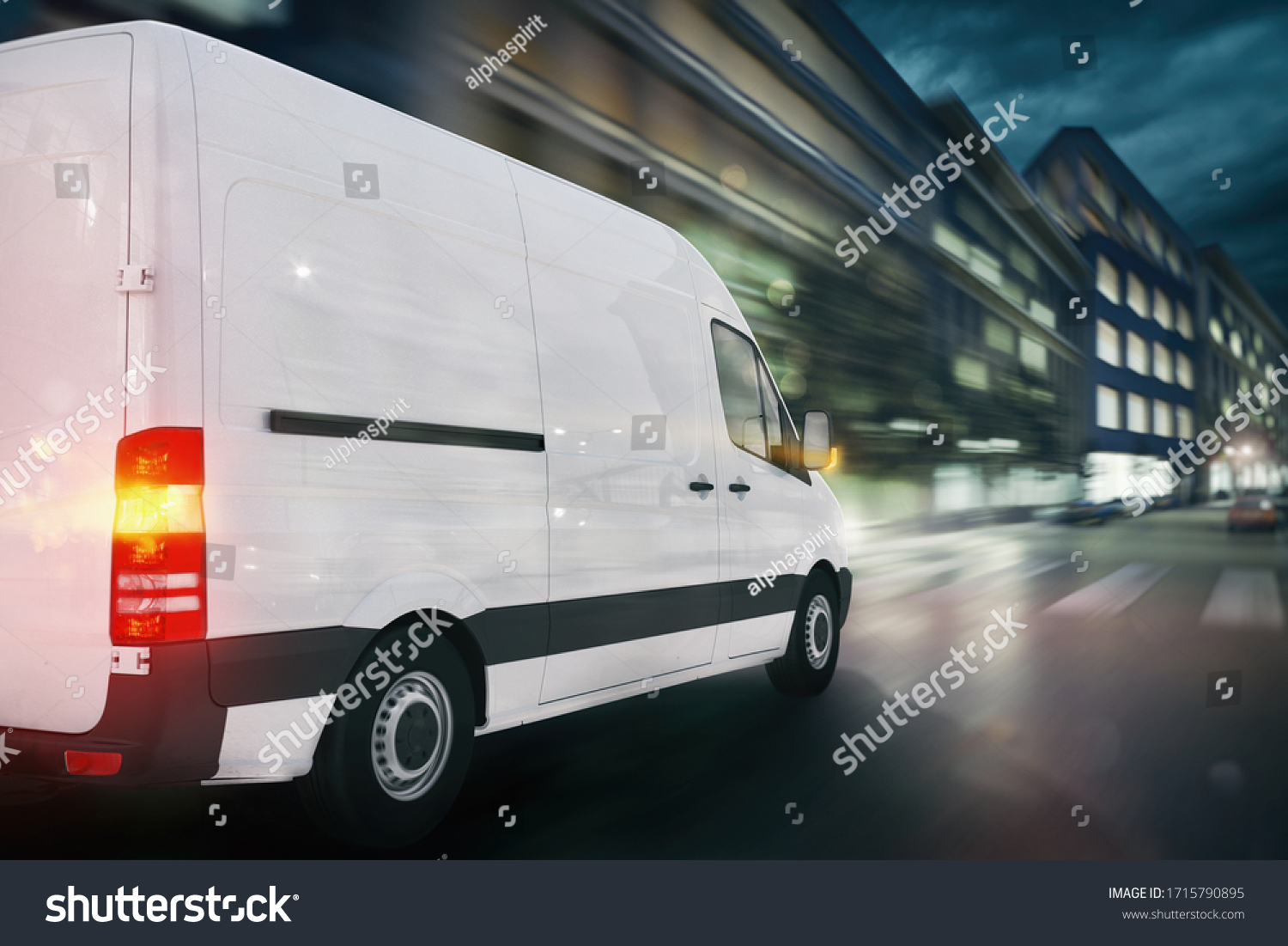 Super fast delivery of package service with a fast moving van on cityscape #1715790895