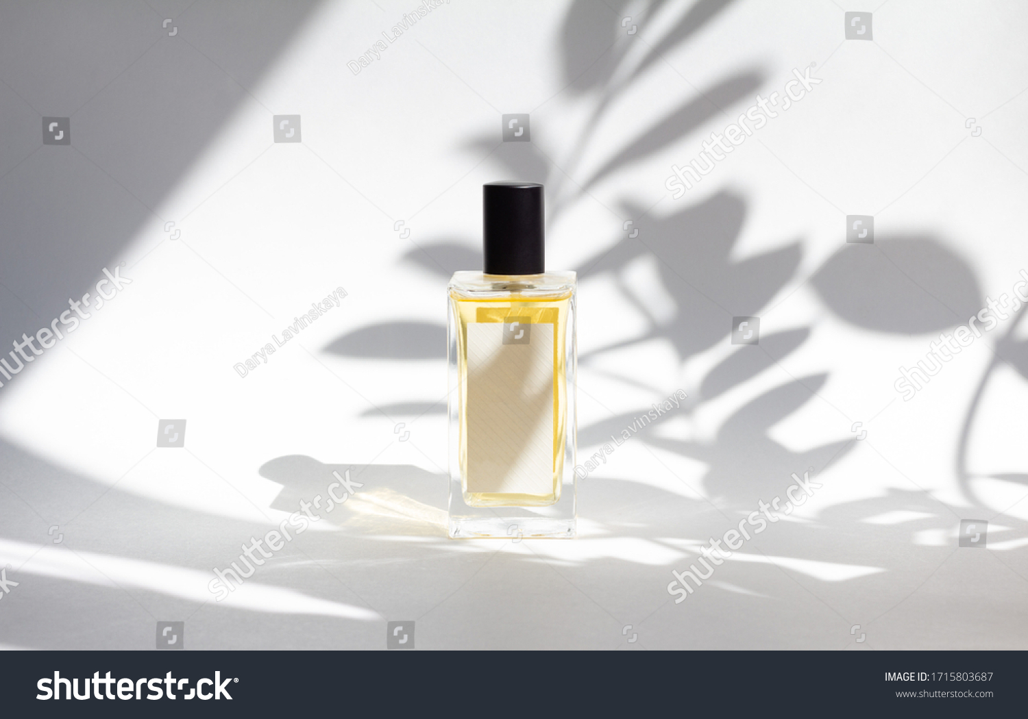Bottle of essence perfume on white background with sunlight and shadows of leaves. Minimal style perfumery template #1715803687