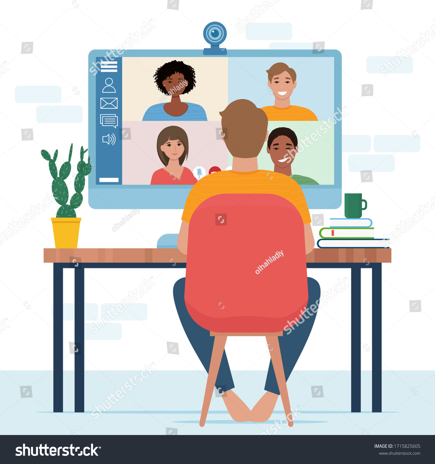 Video conference with people group. Computer screen. Man in video conference with colleagues. Home work concept. Friends talking on video. Vector illustration in flat style #1715825605