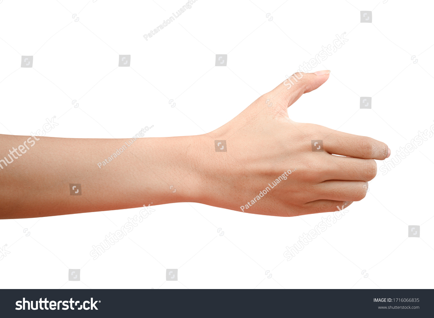 Close up hand holding something like a bottle or can isolated on white background with clipping path. #1716066835