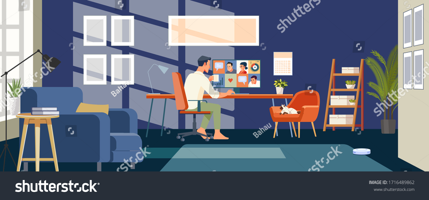 Working at home. Businessmen employee speak talk on video call with colleagues on online briefing, worker have Webcam group conference with coworkers. Flat style Vector Illustration. #1716489862