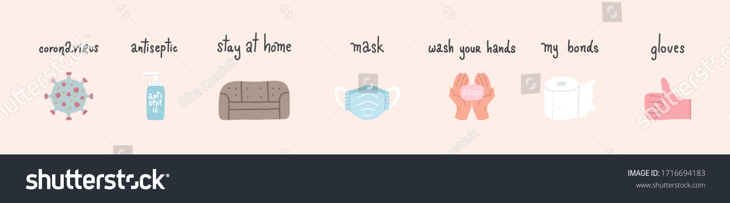 Coronavirus Covid 19 icon of virus, bottle of antiseptic and prevention measures. Vector illustration of sofa, stay at home sign, protective mask and hands with soap. Use bonds toilet paper and gloves #1716694183