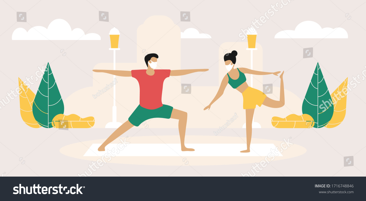 Man and Woman Characters in Medical Masks doing sport on Nature Landscape during Covid 19 Pandemic. Outdoor Sport Activity. Jogging and Sport Healthy Lifestyle. Cartoon Vector People Illustration #1716748846