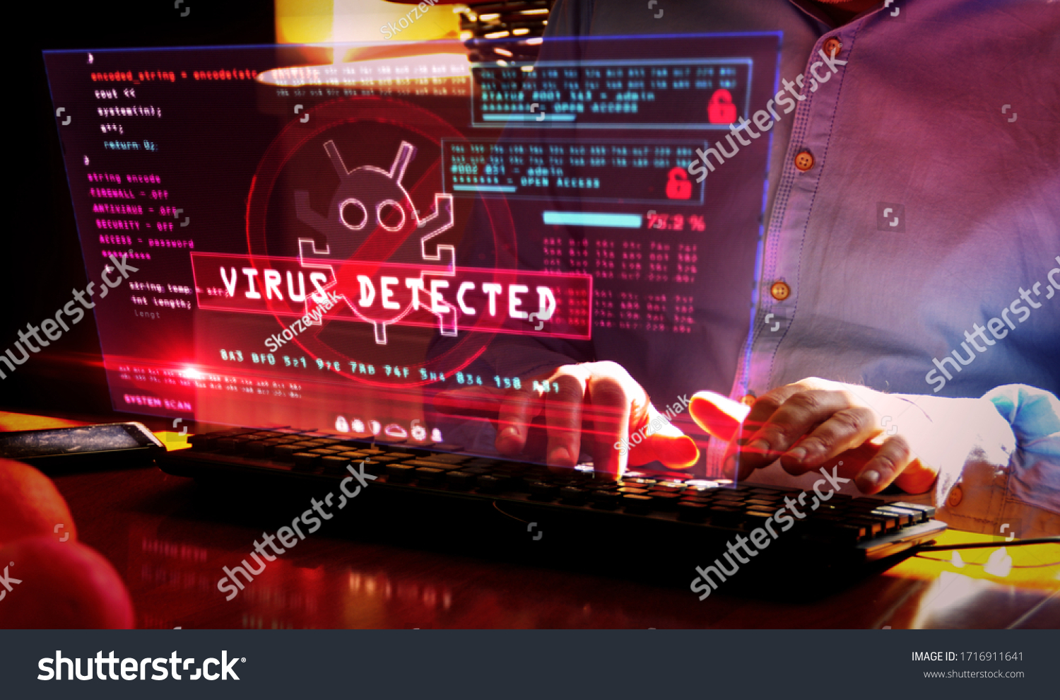 Virus detected alert on computer screen. Cyber security breach warning with worm symbol and system protection concept 3d illustration with glitch effect. #1716911641