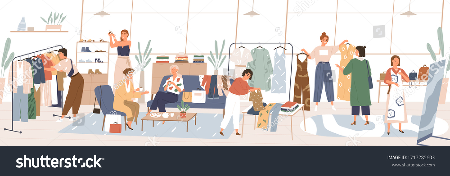 Colorful swap party concept. Women choosing trendy clothing, shoes, accessories at fair. People swapping stuff. Collaborative consumption, clothes exchange. Vector illustration in flat cartoon style. #1717285603