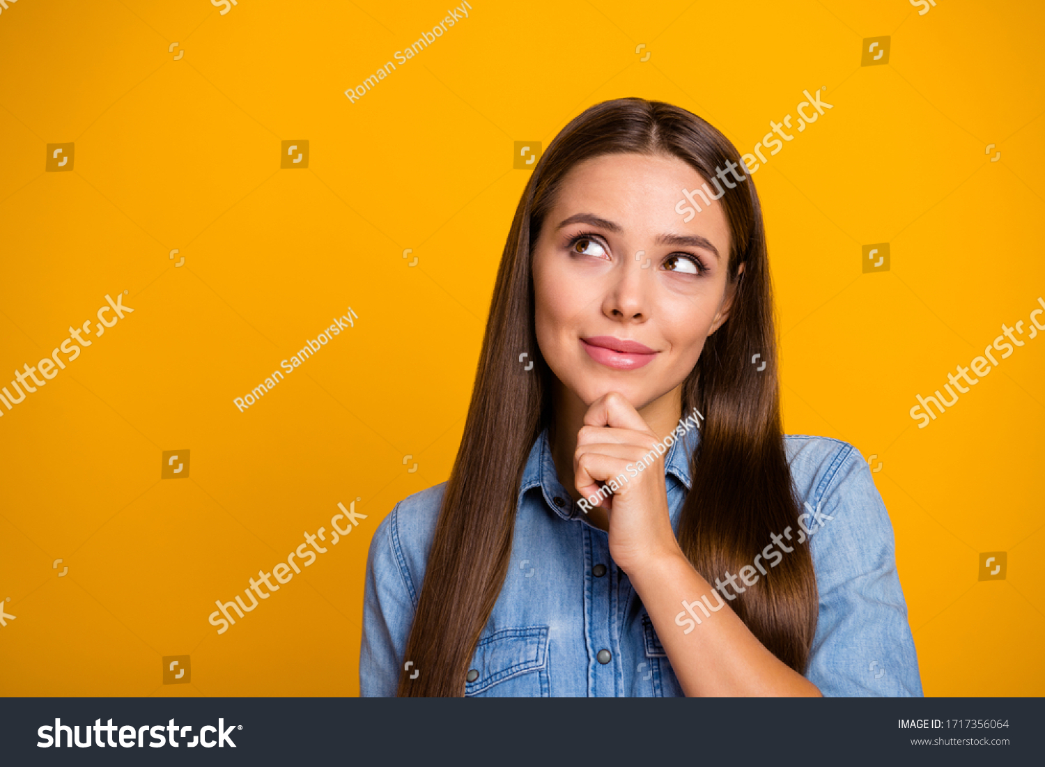 Portrait of positive cheerful girl look copyspace think thoughts about perfect weekend touch chin hands wear casual style clothing isolated over bright color background #1717356064