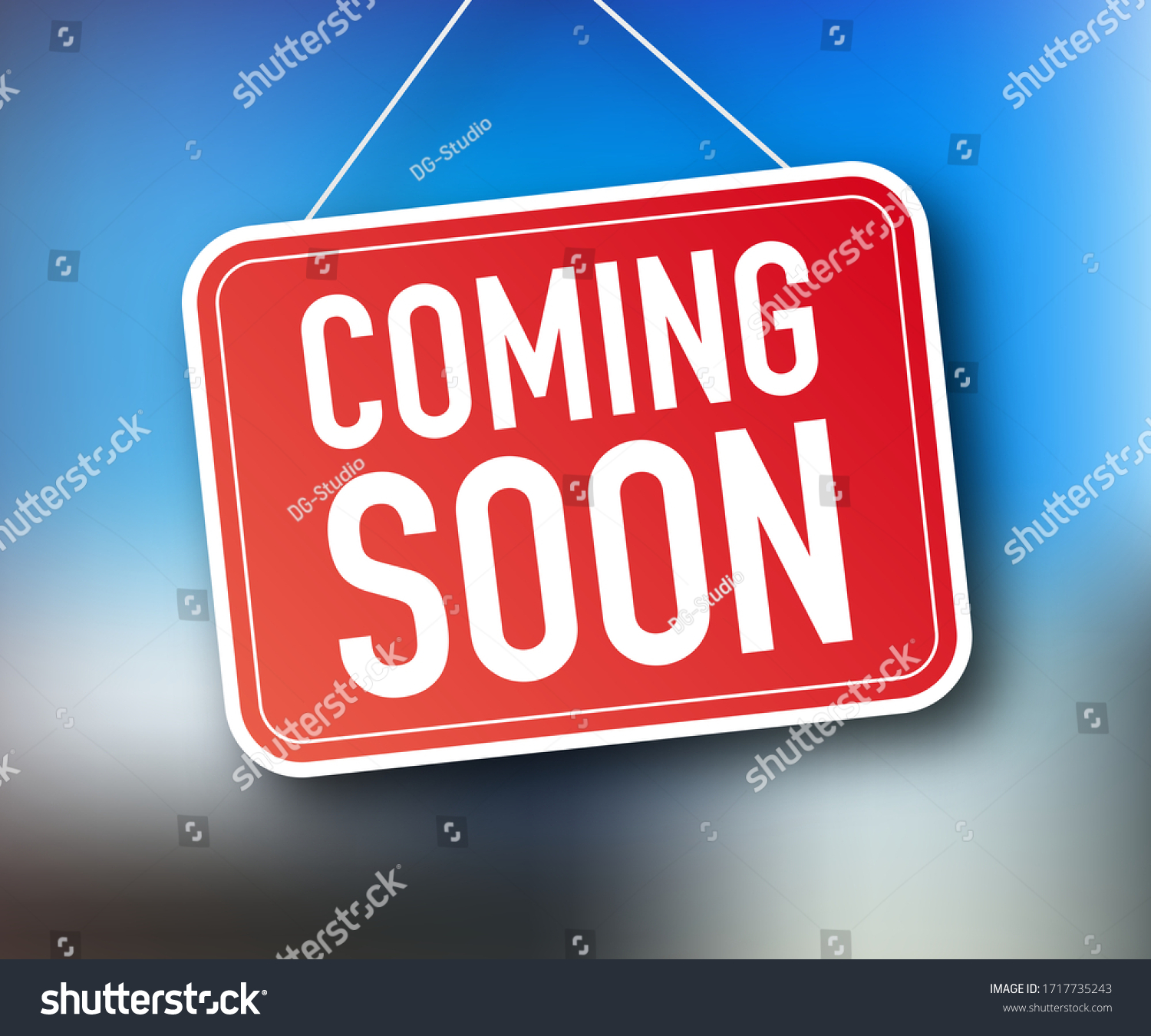 Coming soon hanging sign on white background. Sign for door. Vector stock illustration. #1717735243