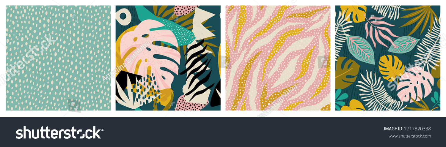 Collage contemporary tropical and polka dot shapes seamless pattern set. Mid Century Modern Art design for paper, cover, fabric, interior decor, and other users. #1717820338
