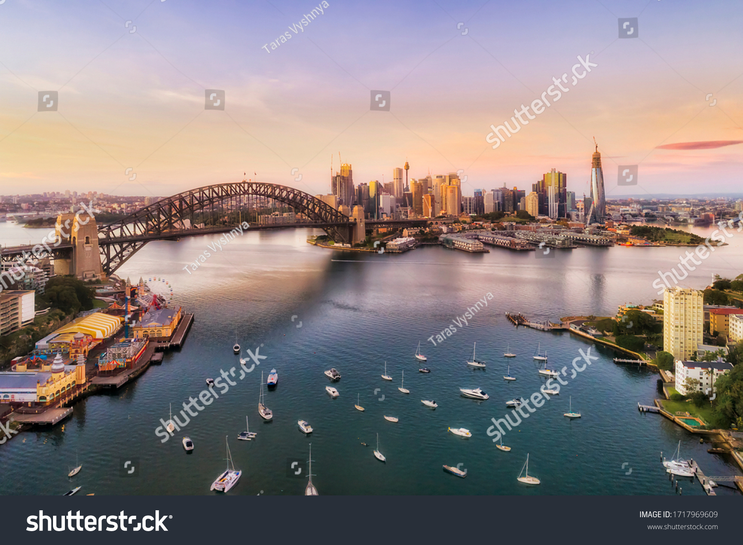 Sunrise in Sydney city - aerial view from Lavender bay to the Sydney harbour bridge and CBD skyline. #1717969609