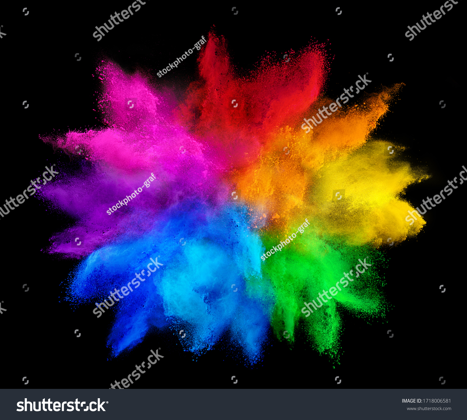 colorful rainbow holi paint color powder explosion isolated on dark black background. peace rgb gaming beautiful party festival concept #1718006581