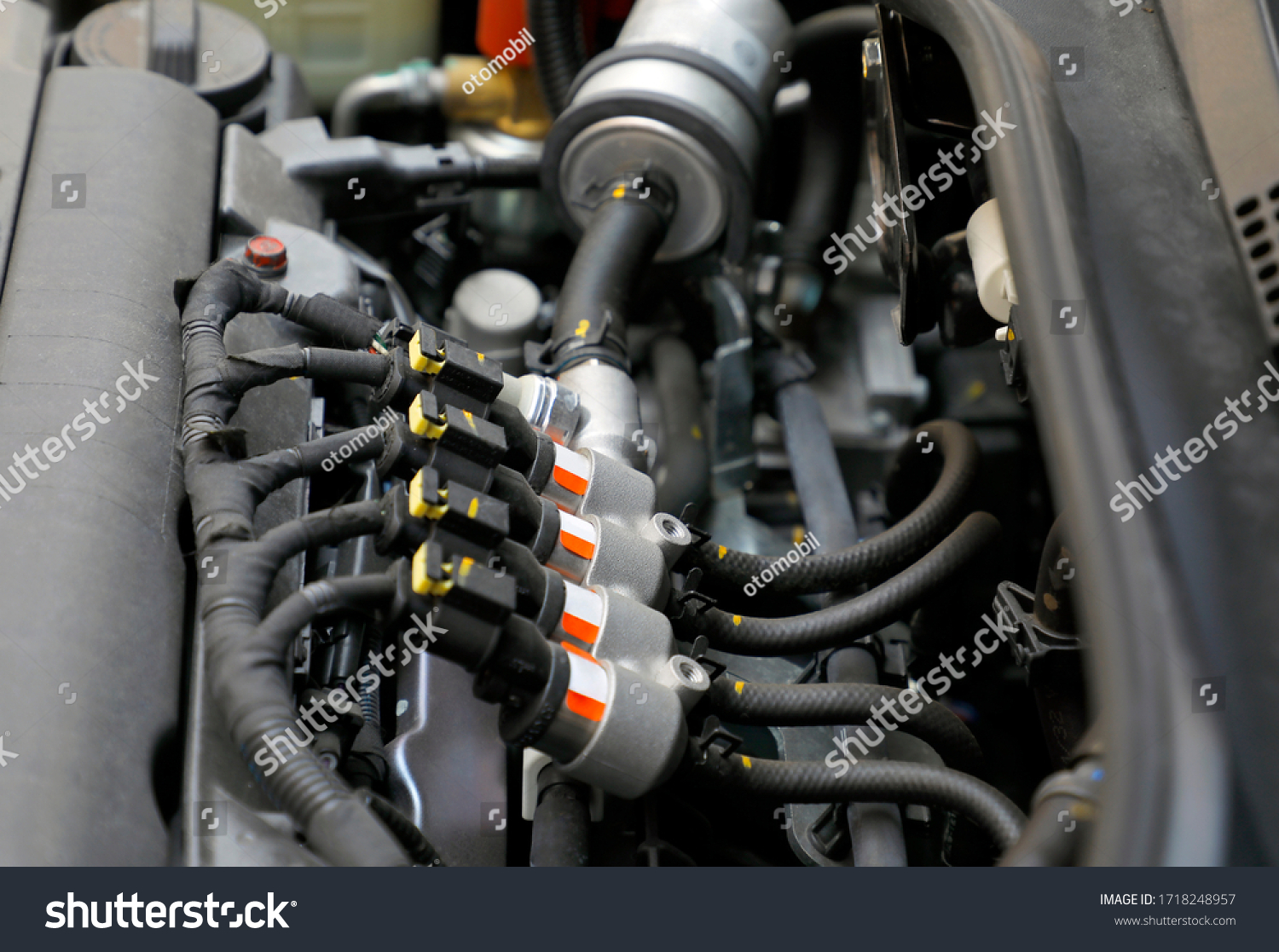 Car engine sequential gas injection. lpg car injectors in car engine need to service, gas injector installed in gasoline engine to use cheaper alternative fuel. #1718248957