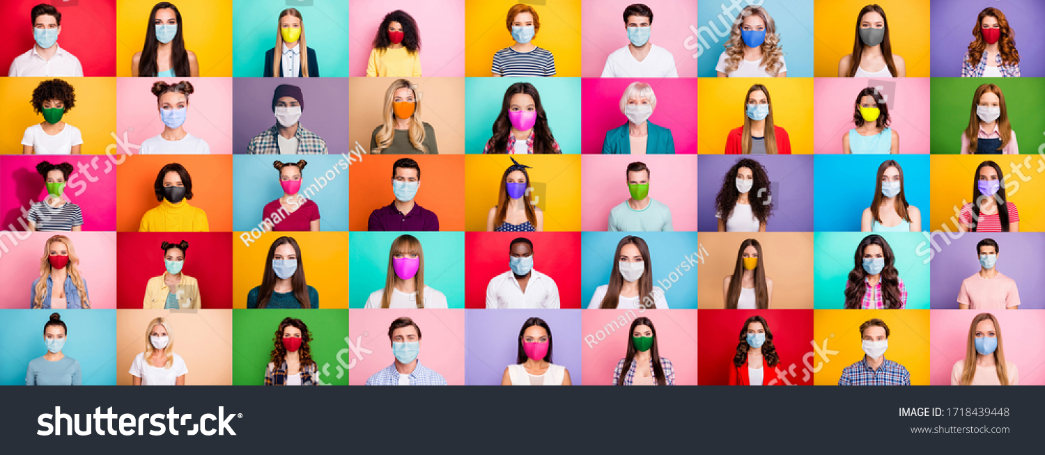 Photo multiple montage image of student kid afro human people of different age and ethnicity wearing surgical disposable and fabric breathing masks isolated over bright colorful background #1718439448
