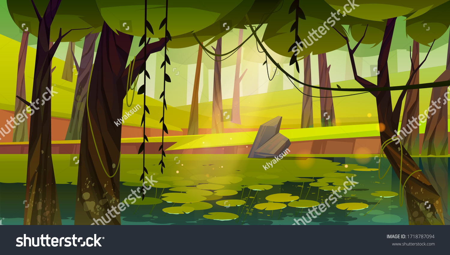 Swamp or lake with water lilies in forest. Nature landscape with marsh in deep wood. Computer game background, fantasy mystic scenery view with wild pond covered with ooze, Cartoon vector illustration #1718787094