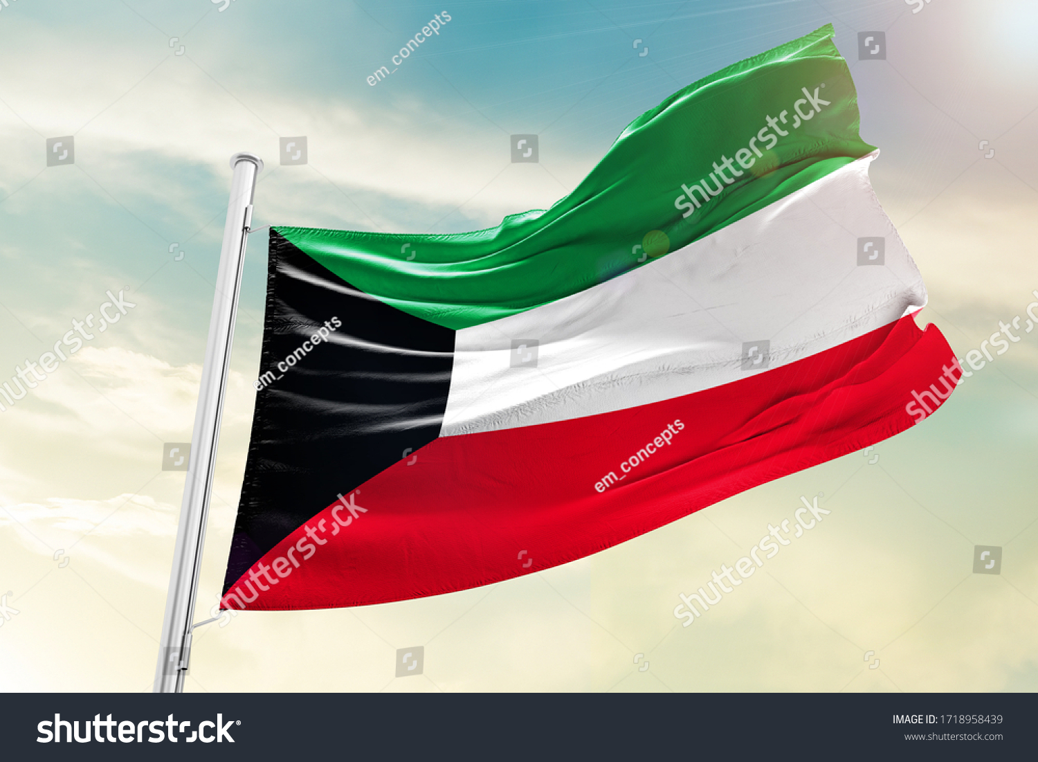 Kuwait national flag cloth fabric waving on the sky with beautiful sky - Image #1718958439