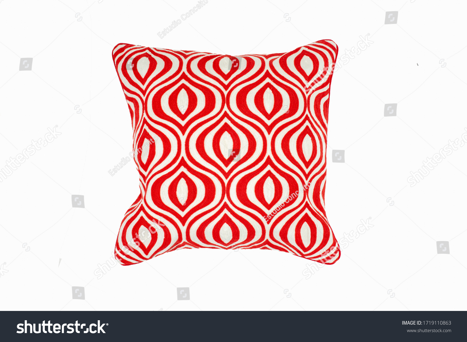 Decorative soft pillow, with geometric pattern in red and white color, isolated on white background

 #1719110863