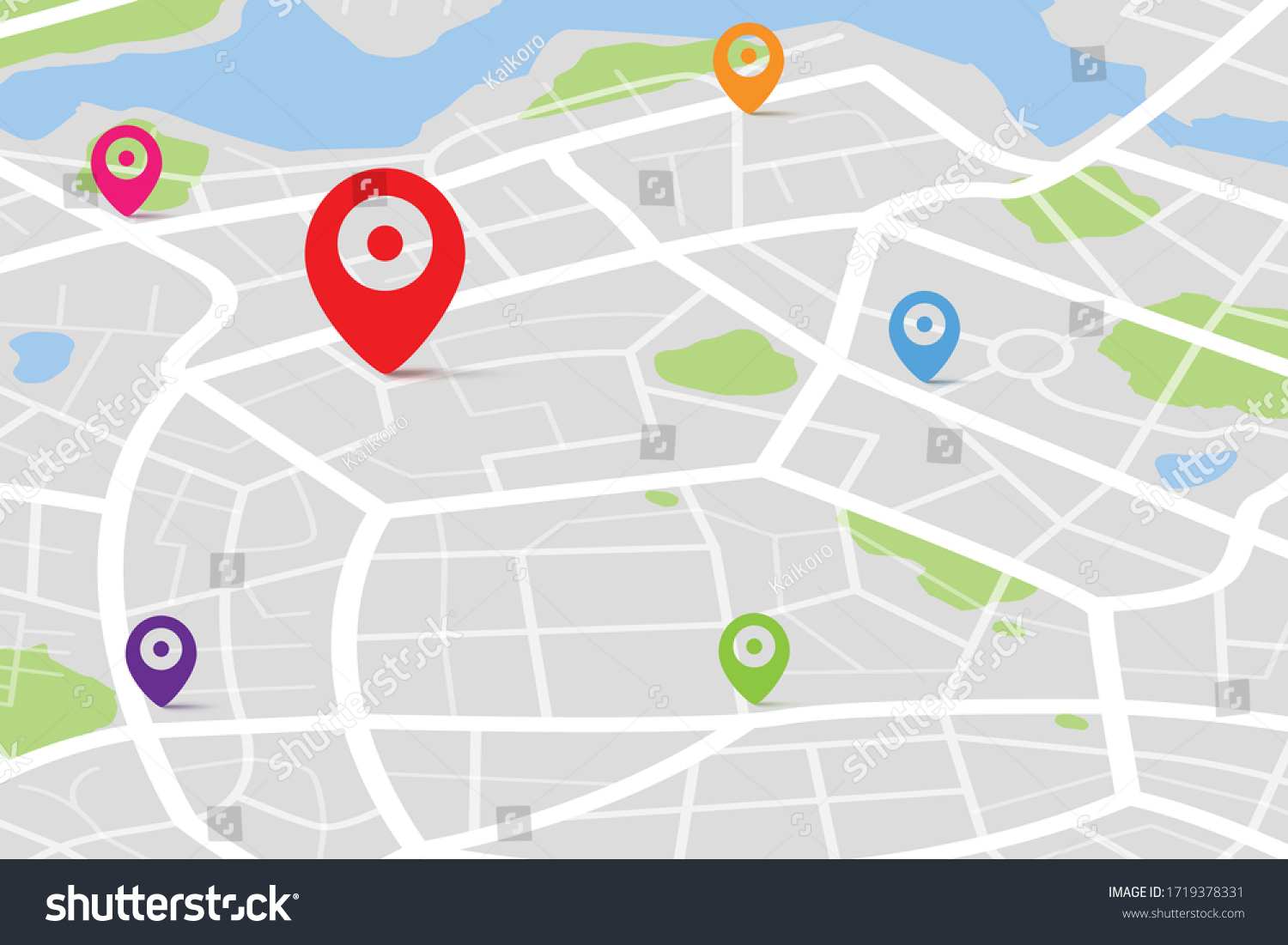 3D Isometric map with destination location point, Aerial clean top view of the day time city map with street and river, Blank urban imagination map, GPS map navigator concept, vector illustration #1719378331