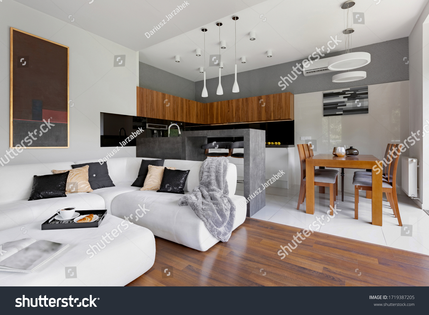 Modern apartment with living room and kitchen with dining table in one space #1719387205