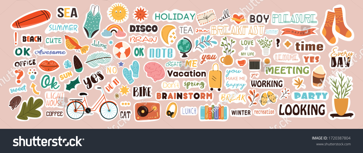 Very large collection of colorful stickers covering diverse subjects with text and picture icons for weekly or daily planners and diaries , colored vector illustration #1720387804