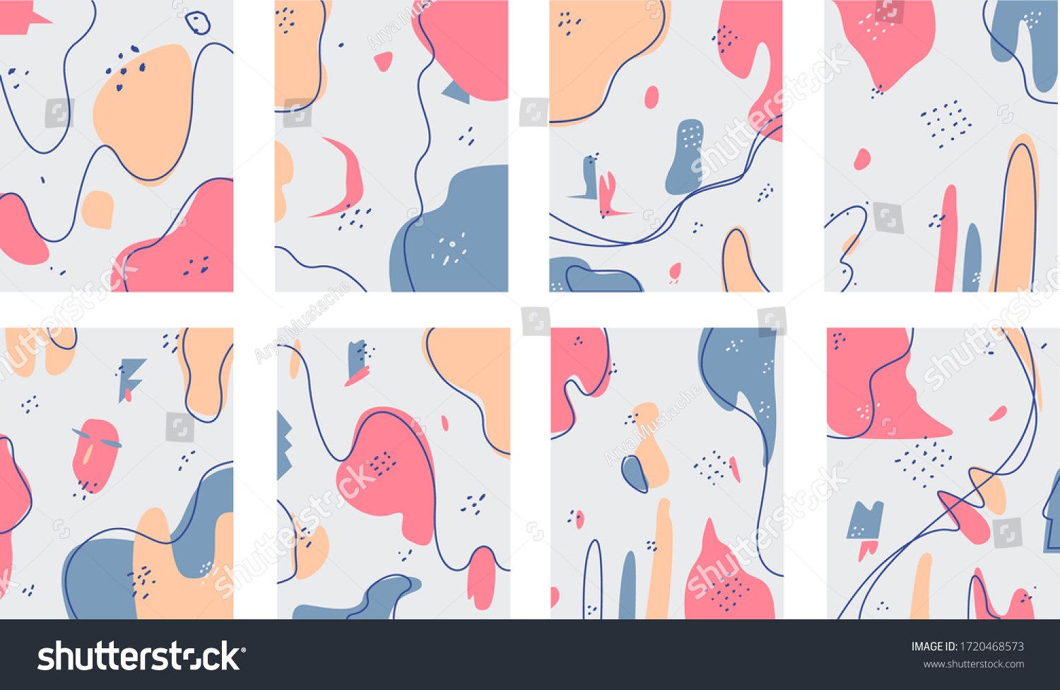 Eight abstract backgrounds. Various shapes and doodle objects. Contemporary modern trendy vector illustrations. Every background is isolated. Pastel colors #1720468573