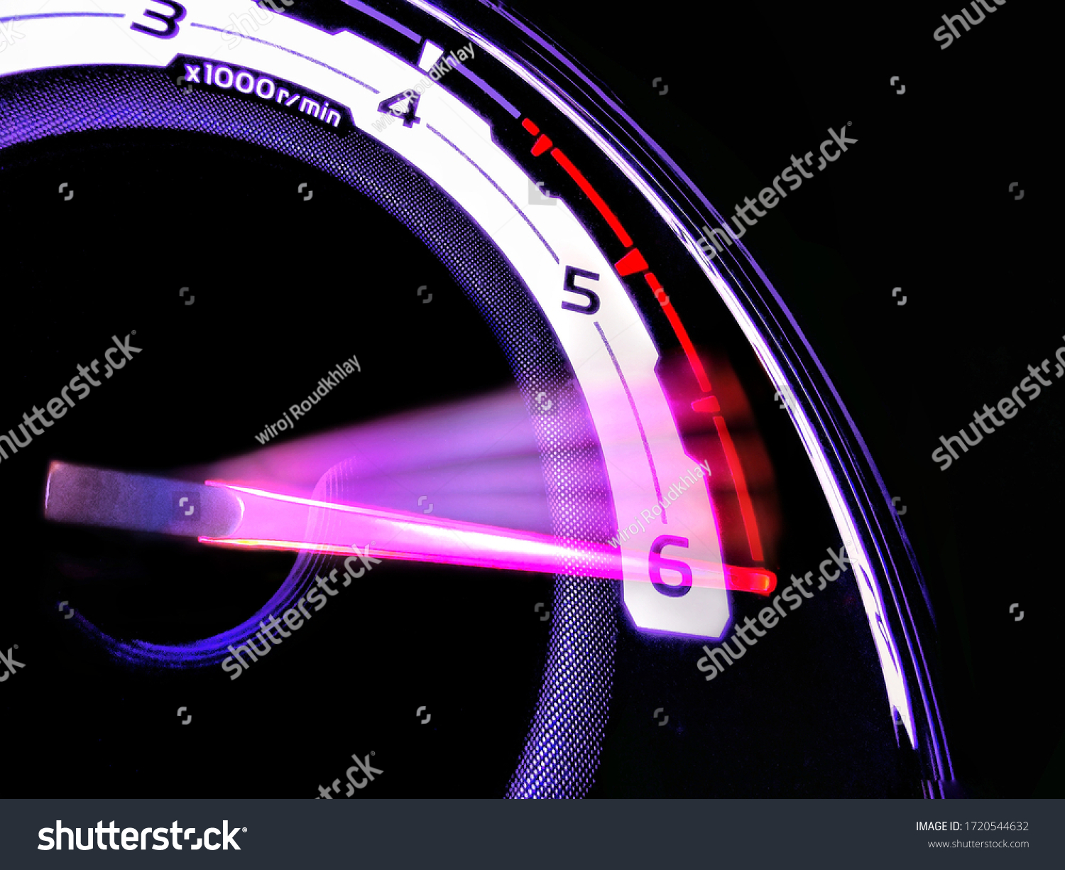 Close up shot of a speedometer in a car. At an engine speed of 6000 rpm on Car dashboard.Car Interior ilumination. #1720544632