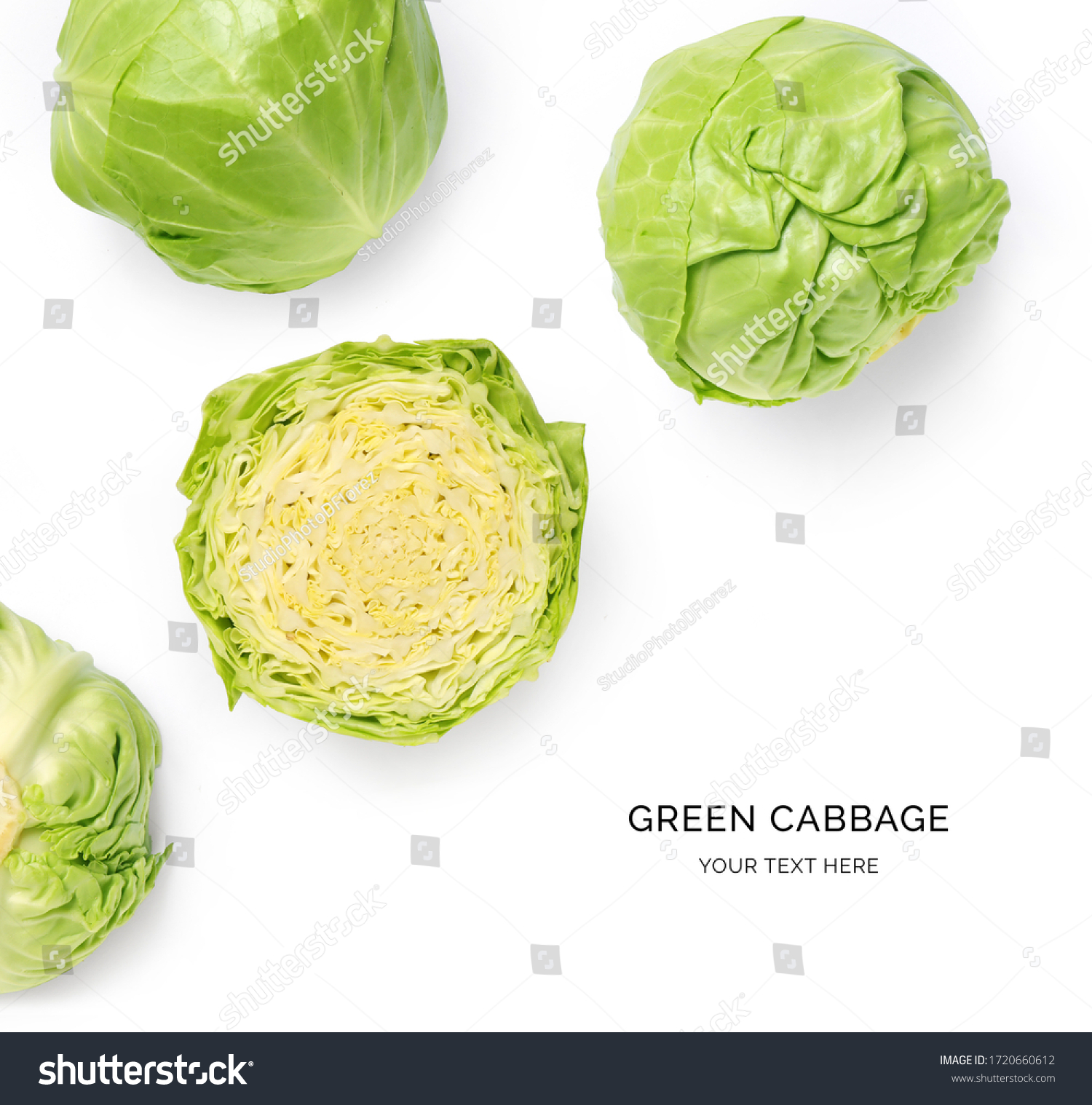 Creative layout made of green cabbage on a white background. Top view. #1720660612