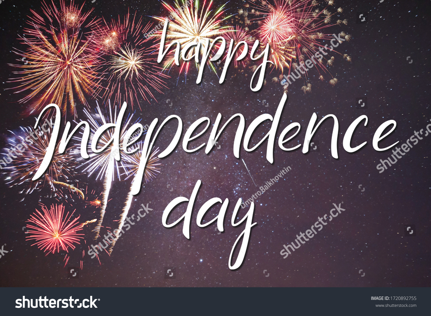 Holiday night sky with fireworks and hand lettering text Happy Independence Day #1720892755