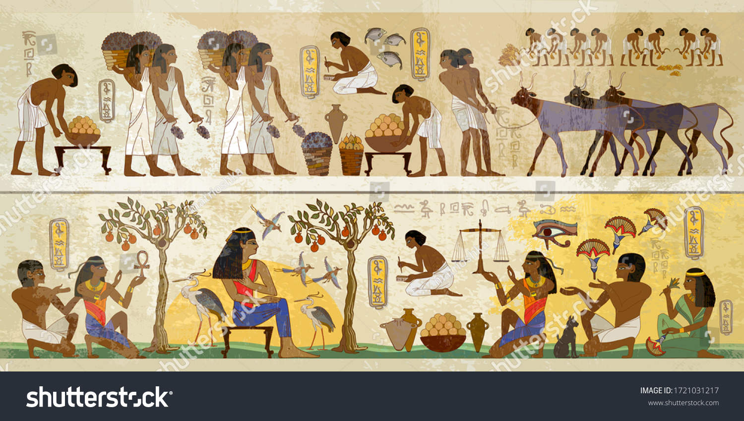 Life of egyptians. History art. Ancient Egypt frescoes. Agriculture, fishery, farm. Old tradition, religion and culture. Hieroglyphic carvings on exterior walls of an old temple