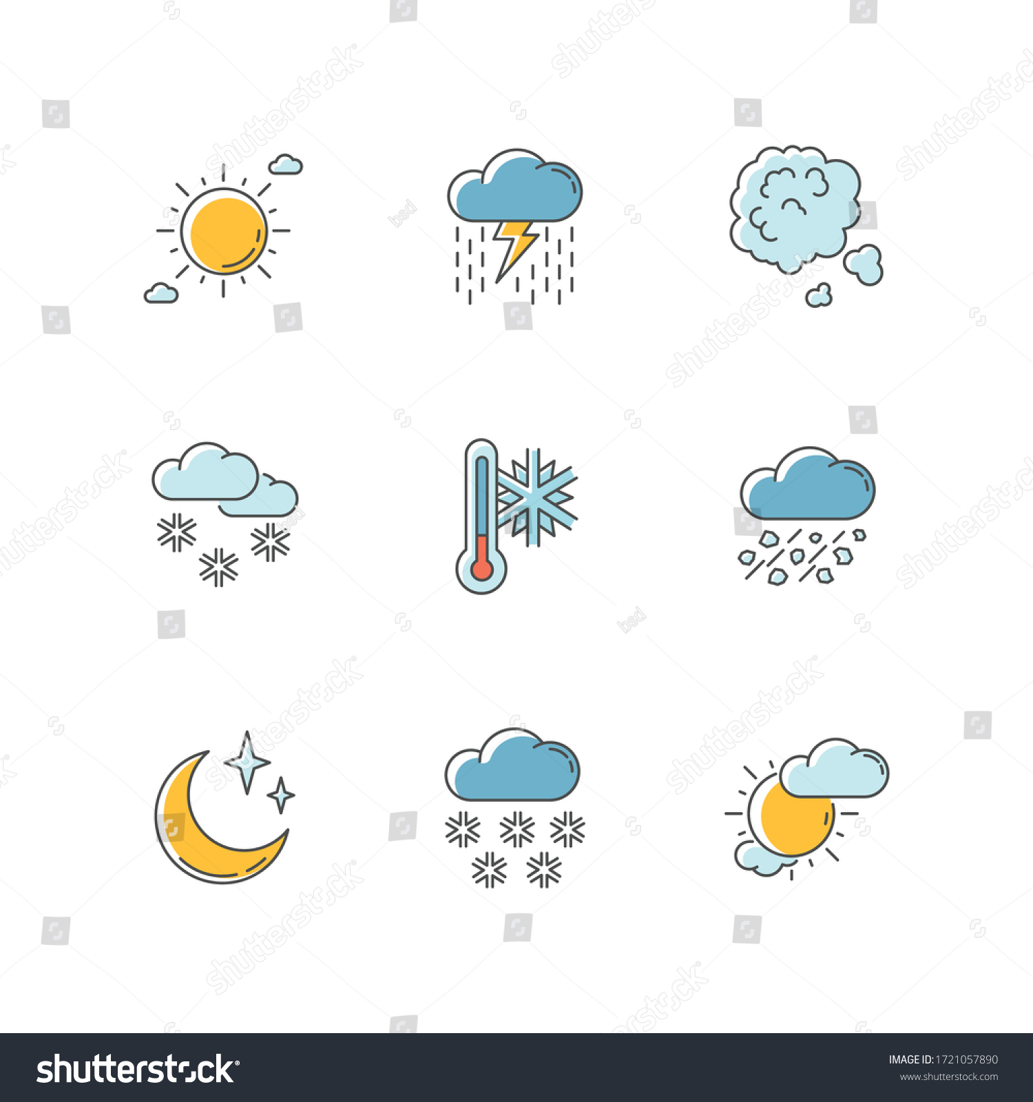 Sky clarity and precipitation RGB color icons set. Seasonal weather forecast, meteorological report. Atmosphere condition prediction. Isolated vector illustrations