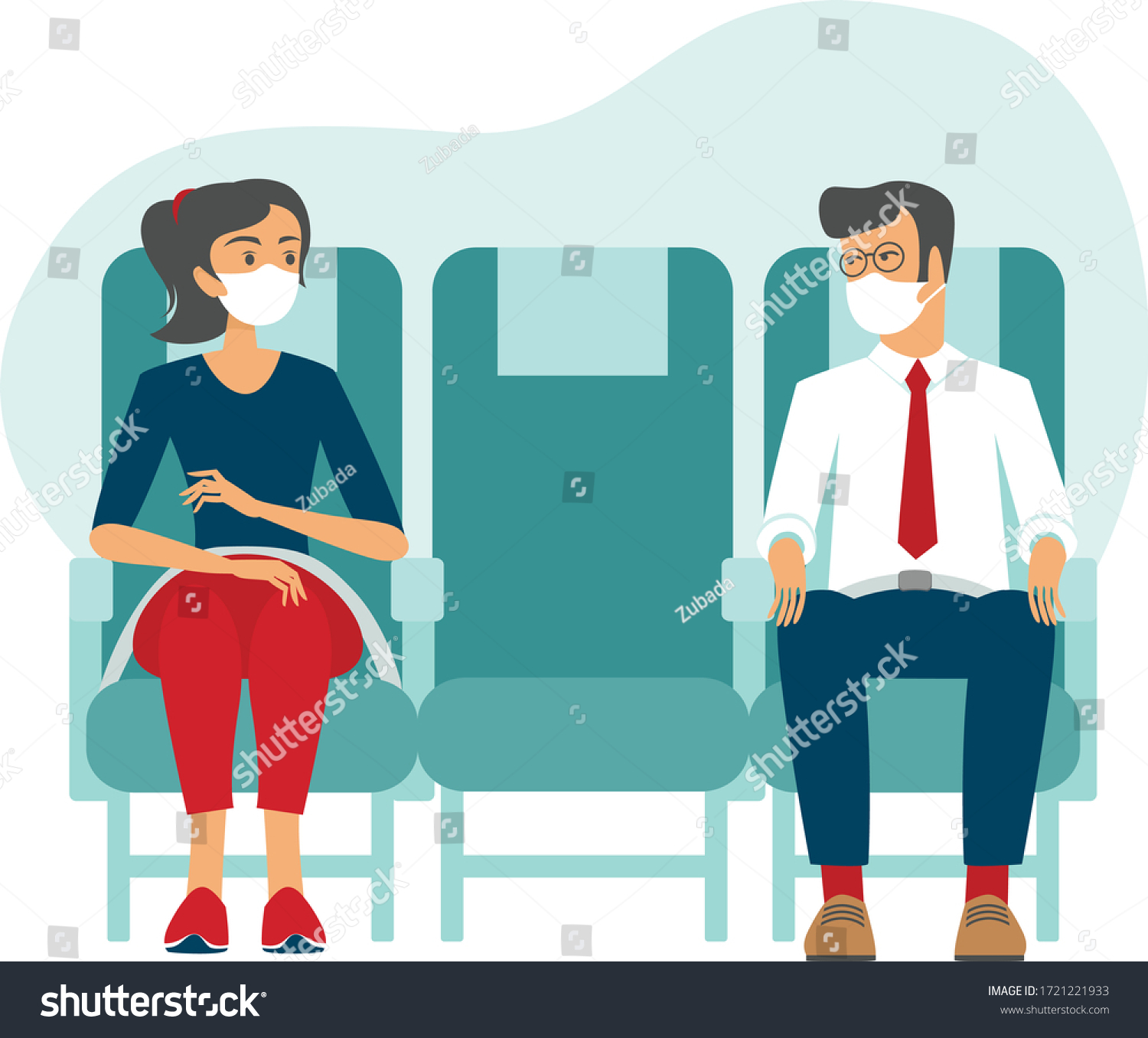 Passengers wearing protective medical masks travel by airplane. New seating regulations on flights. Travel during coronavirus COVID-19 disease outbreak. vector illustration #1721221933