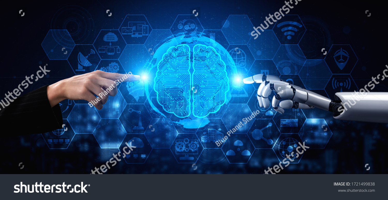 3D rendering artificial intelligence AI research of robot and cyborg development for future of people living. Digital data mining and machine learning technology design for computer brain. #1721499838