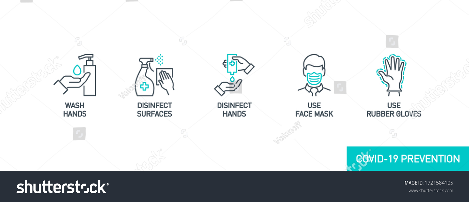 Prevention line icons set isolated on white. outline symbols Coronavirus Covid 19 pandemic banner. Quality design elements mask, gloves, distance, wash disinfect hands, stay home with editable Stroke #1721584105