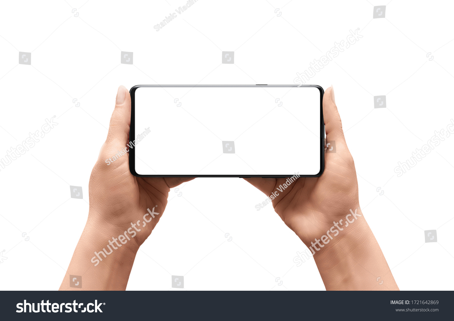 Isolated phone mockup in woman hands. Horizontal position. Isolated display and background #1721642869