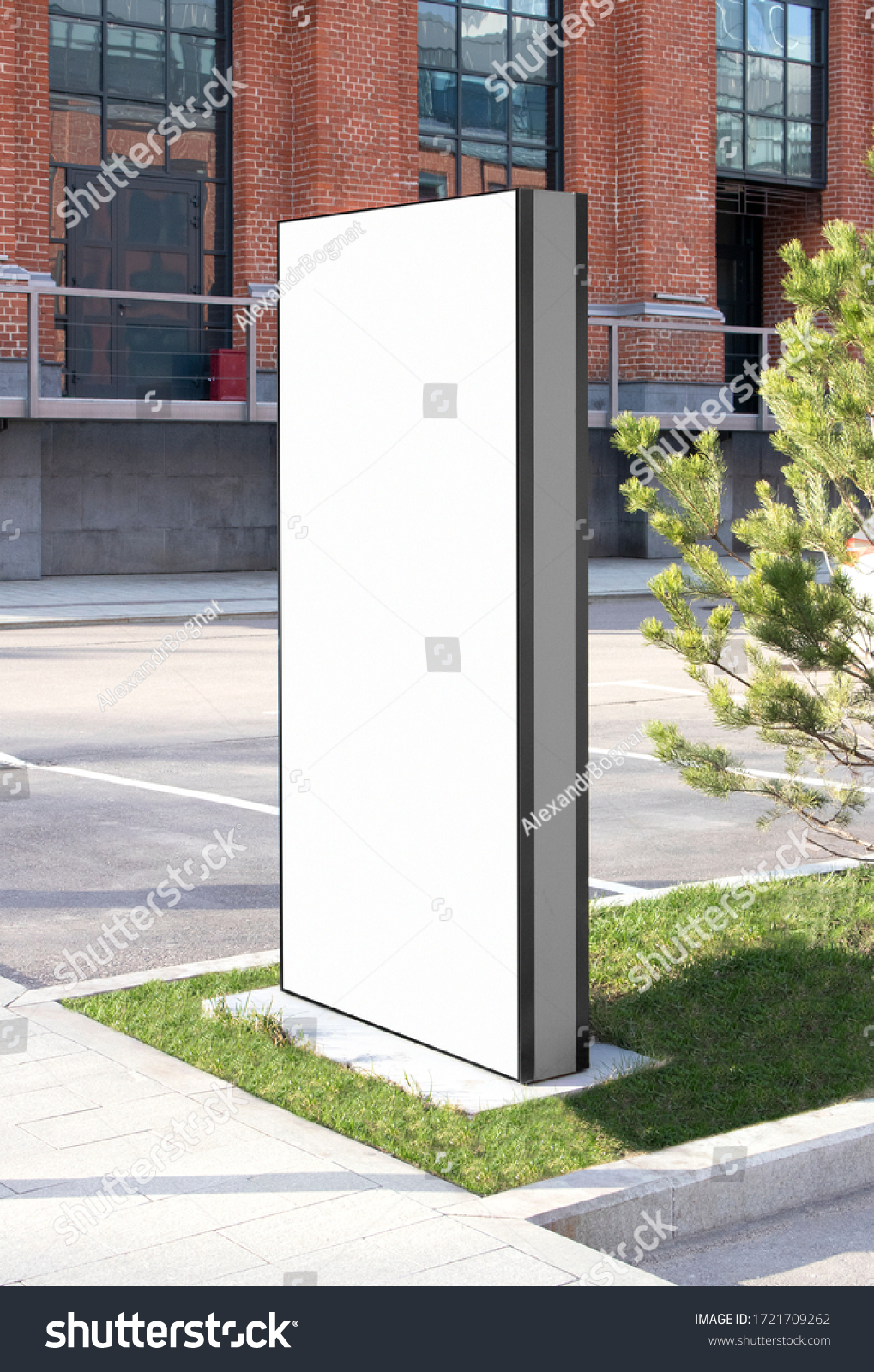 Blank white vertical pylon stand mockup brick building, side view. Empty information stand on street for advertise mock up. Clear vertical monitor or totem for affiche or ad mokcup template. #1721709262