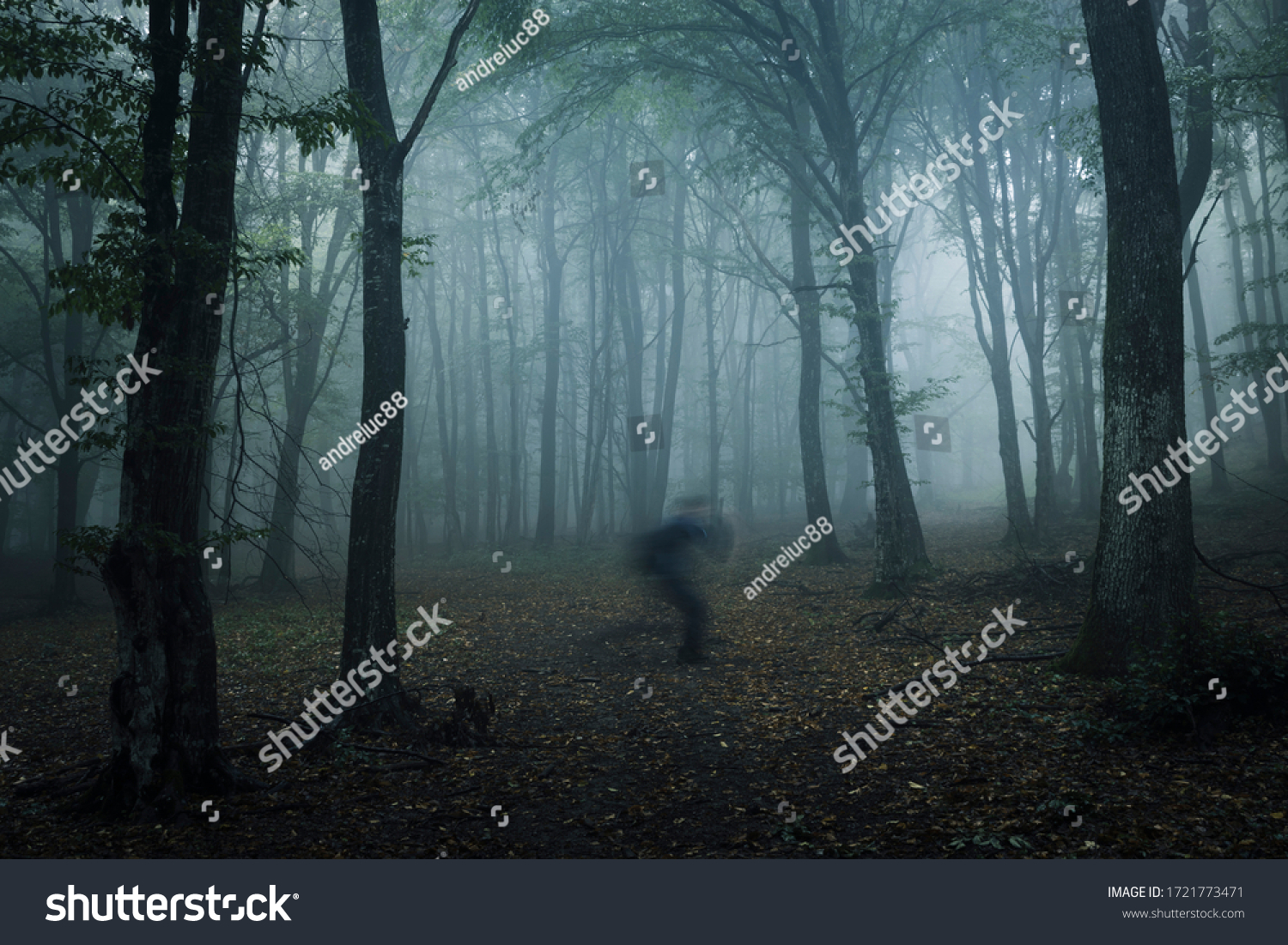 scary ghost shadow in dark forest, strange horror landscape #1721773471