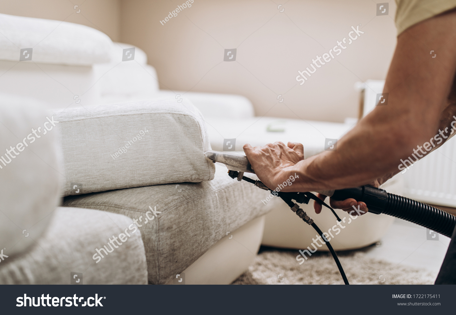Process of deep furniture cleaning, removing dirt from sofa. Washing concept. #1722175411