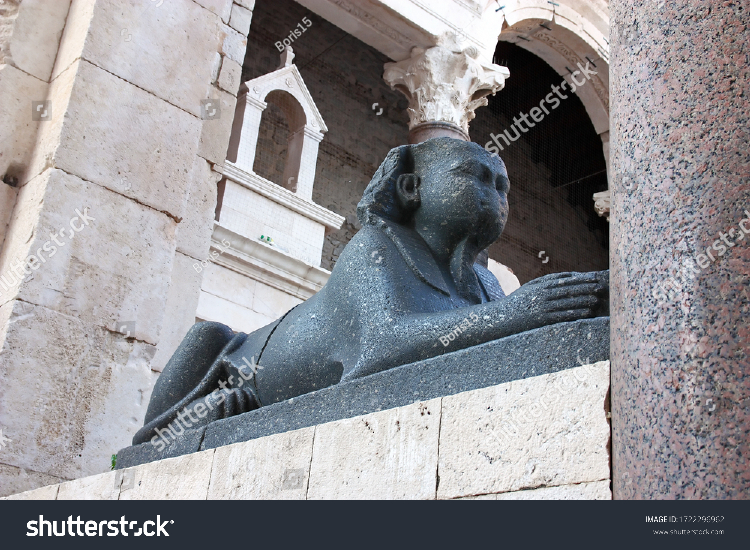 Egyptian Sphinx at the Peristyle, square in front of the cathedral of Saint Domnius, placed in the Palace of Diocletian in historic center of Split, Croatia #1722296962