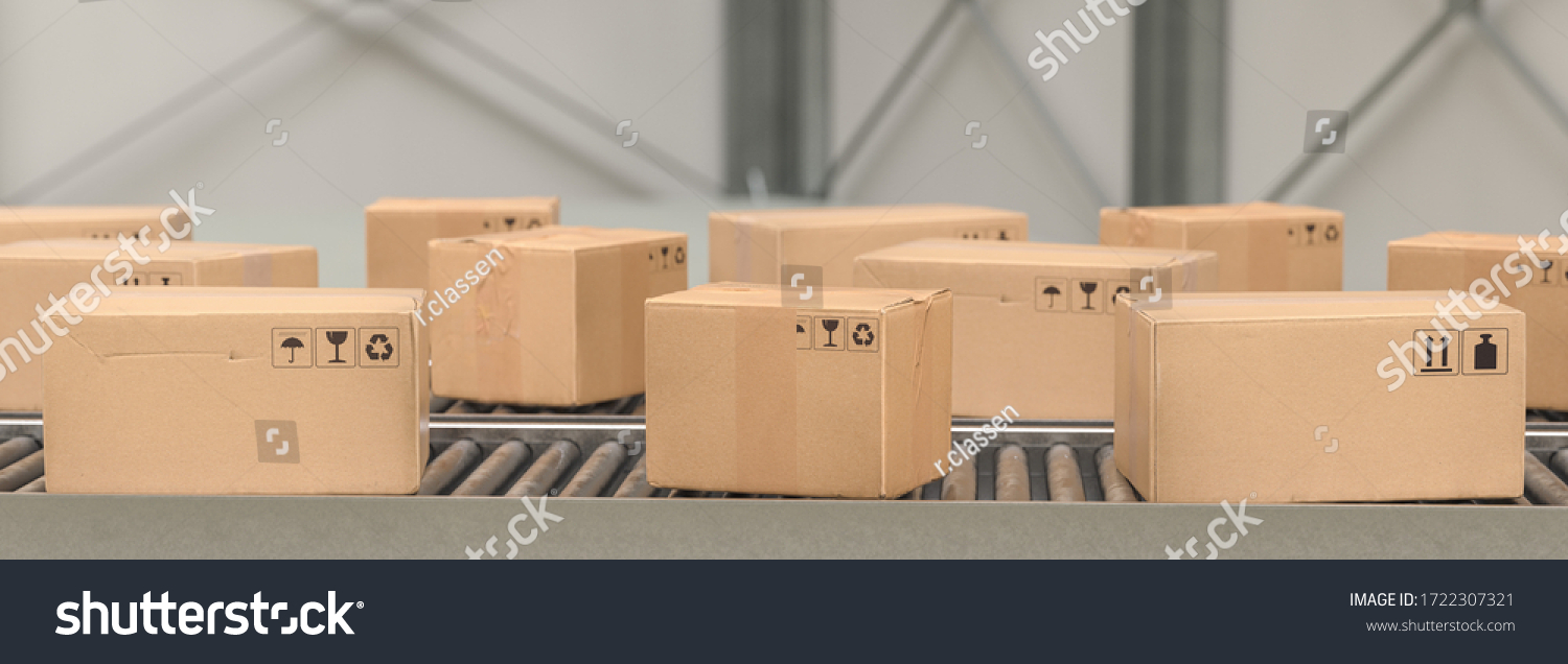 Packages delivery, packaging service and parcels, cardboard boxes on conveyor belt in warehouse, transportation system concept image #1722307321