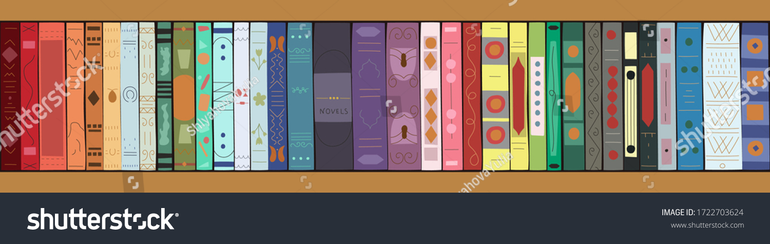 Wooden bookcase with books. Bookshelves with multicolored books. Vector illustration in flat style. Horizontal banner #1722703624