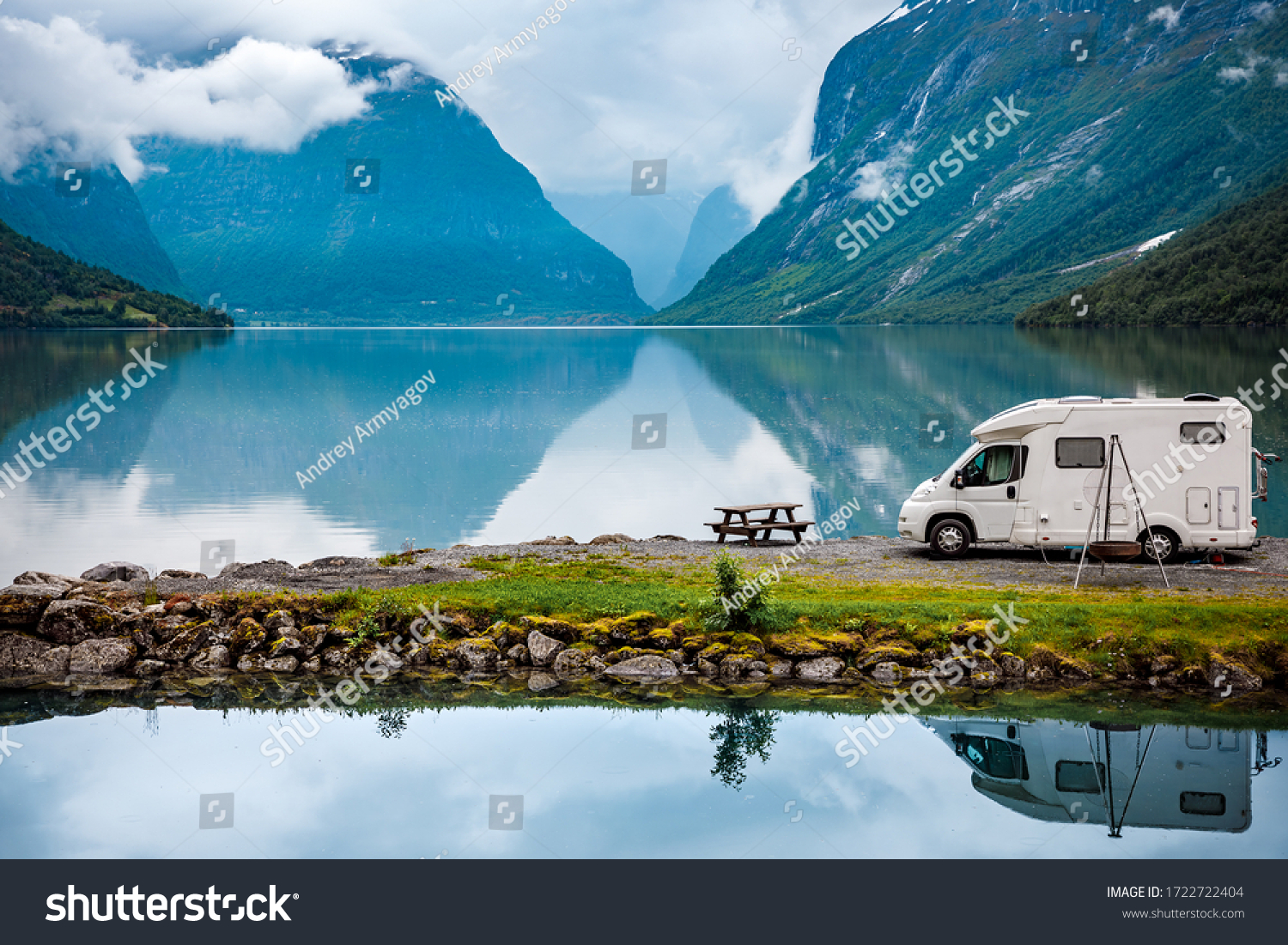 Family vacation travel RV, holiday trip in motorhome, Caravan car Vacation. Beautiful Nature Norway natural landscape. #1722722404